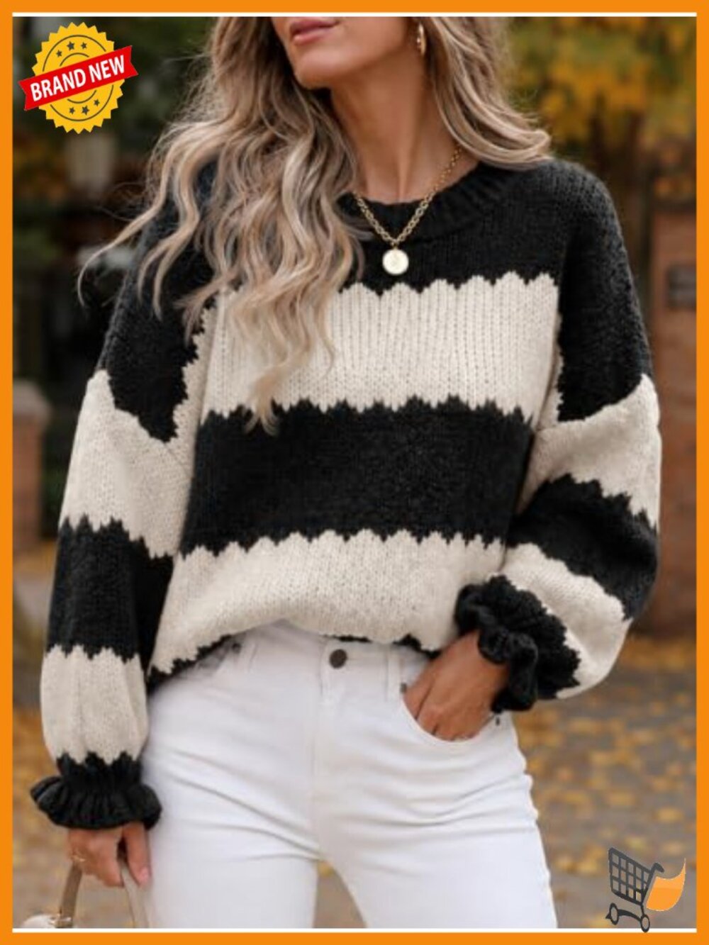 Striped Color Block Ruffle Sleeve Pullover Sweater - Picture 2 of 6